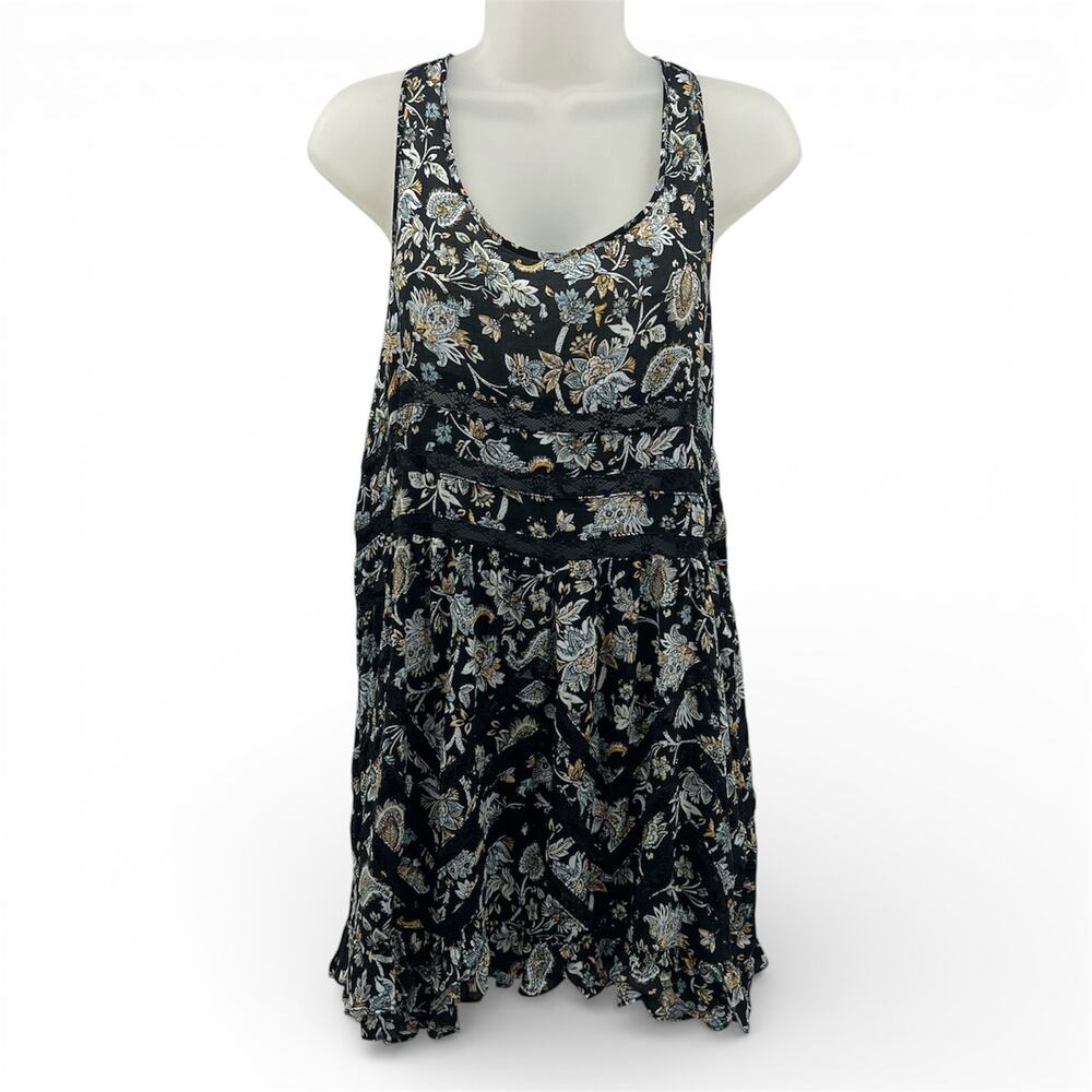 Free People Voile & Lace Trapeze Slip Dress Tunic Small Black Floral Paisley